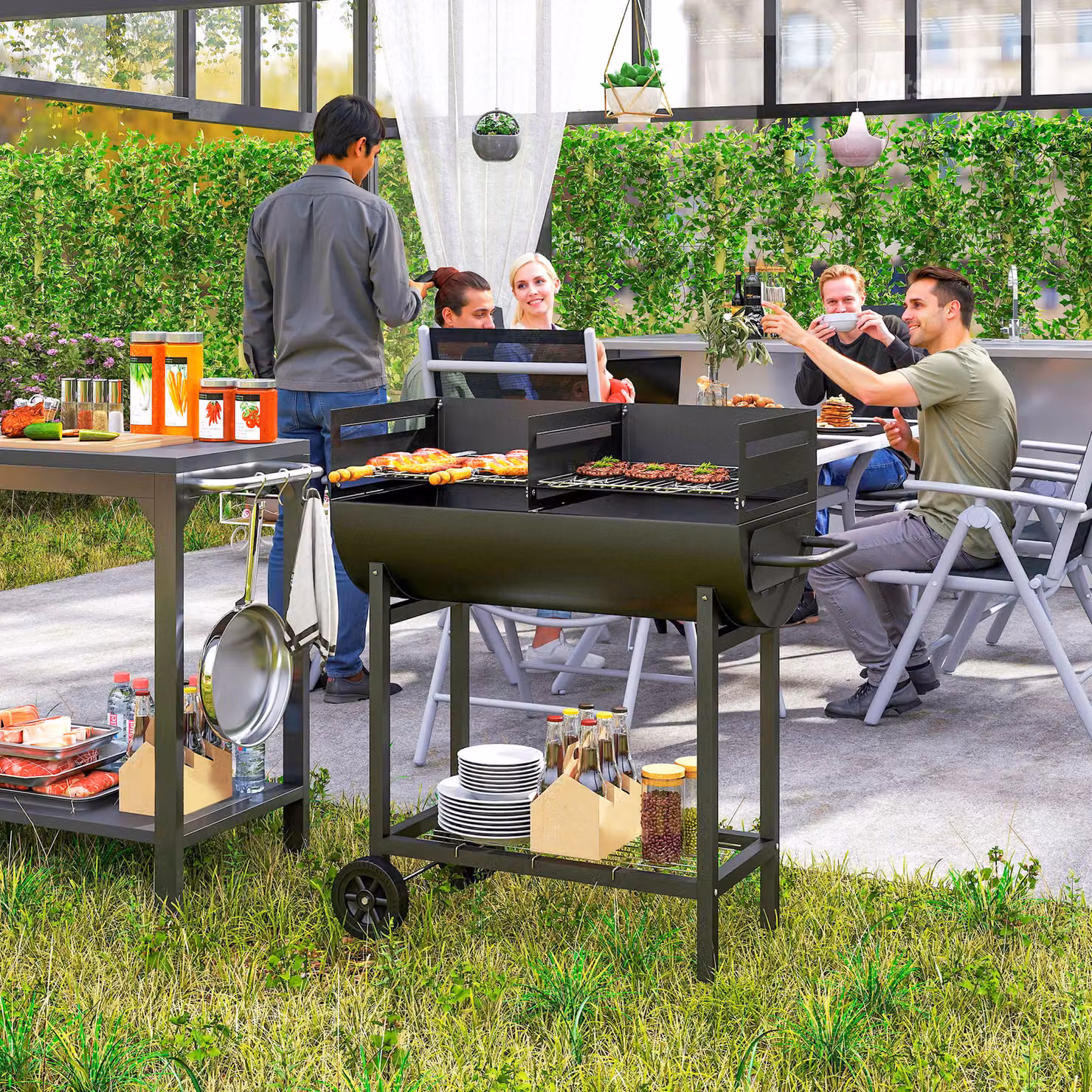 Barbecue a carbone Outsunny con 2 griglie indipendenti in acciaio, 2 ruote e ripiano inferiore, Nero, L 90 cm x P 45 cm x H 96 cm – 2