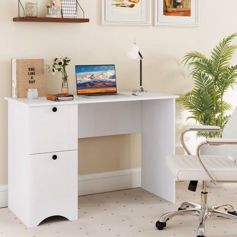 Scrivania per computer Costway moderna con 2 cassetti in MDF bianco per ufficio o casa