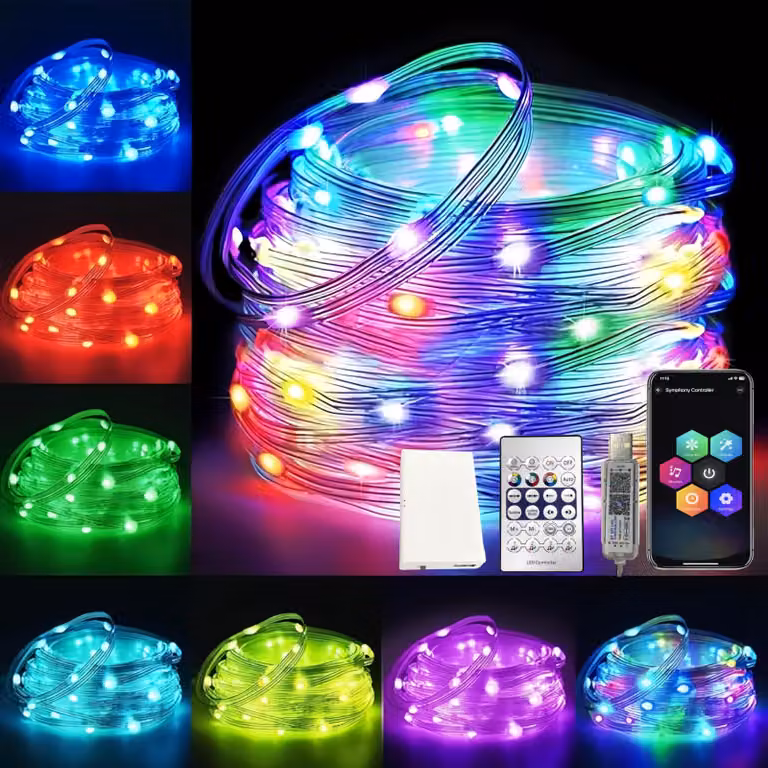 Catena luminosa con 100 LED RGB, alimentazione USB, oltre 200 modalità, sincronizzazione musicale, telecomando, controllo tramite app, grado di protezione IP65