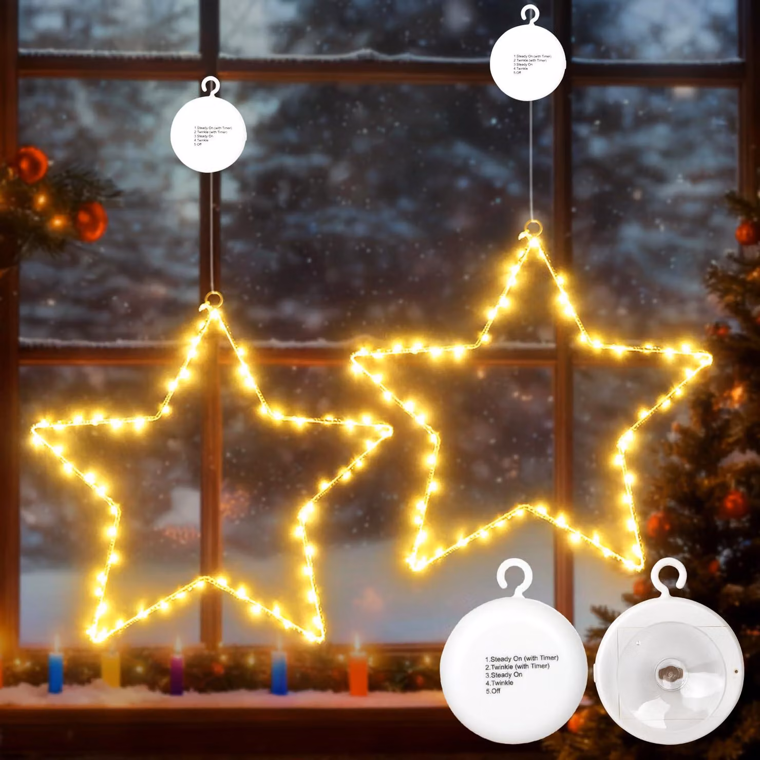 Set di 2 stelle natalizie a LED, 120 luci bianche calde, metallo, con timer