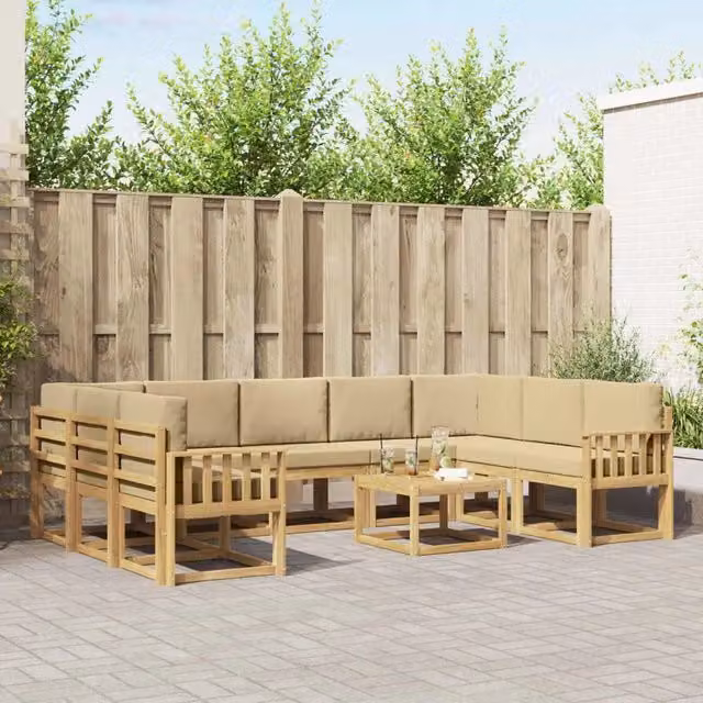 Set di divani da esterno a forma di U vidaXL in legno di acacia con cuscini Bianco, Beige e Marrone