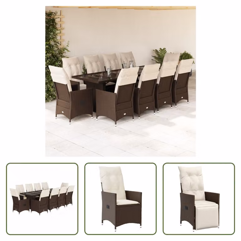 The Living Store Set bistrot da giardino 11 pezzi con cuscini in poly rattan marrone