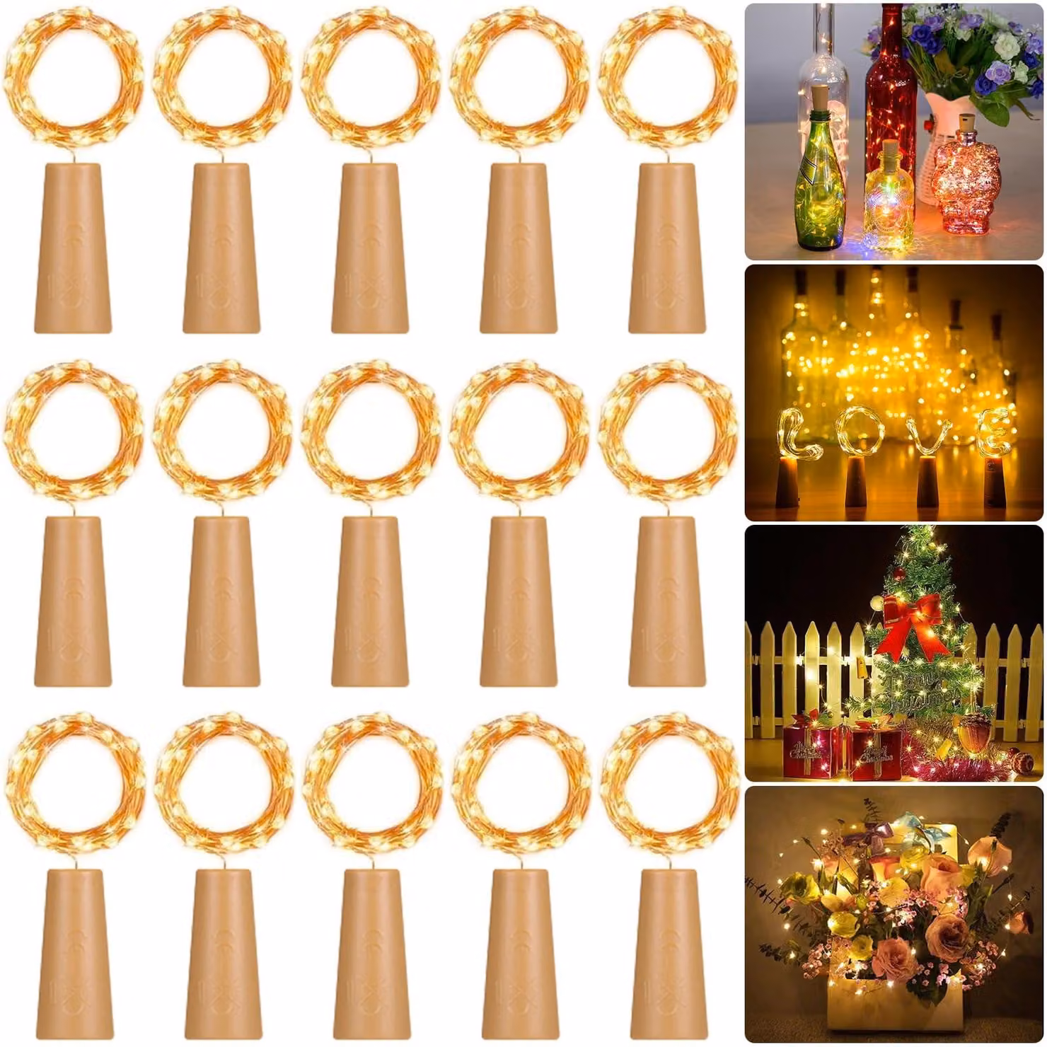 Confezione da 15 luci a LED per bottiglie, lunghezza 2 metri, luce bianco caldo, alimentate a batteria