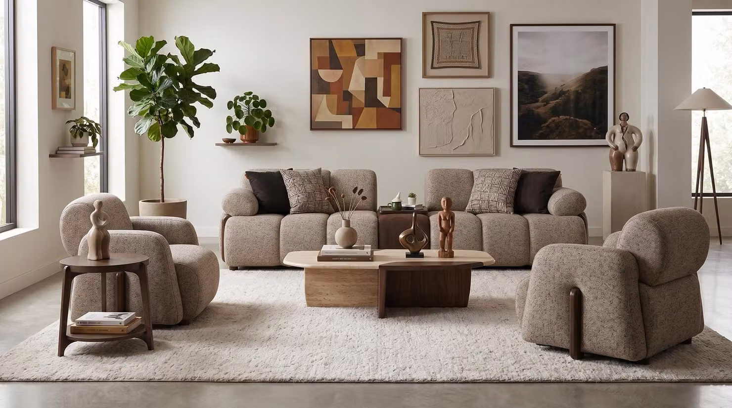 Wohnzimmer Set 3 Sitzer Sofa 2x Sessel Dunkel Modern Weich Voluminös