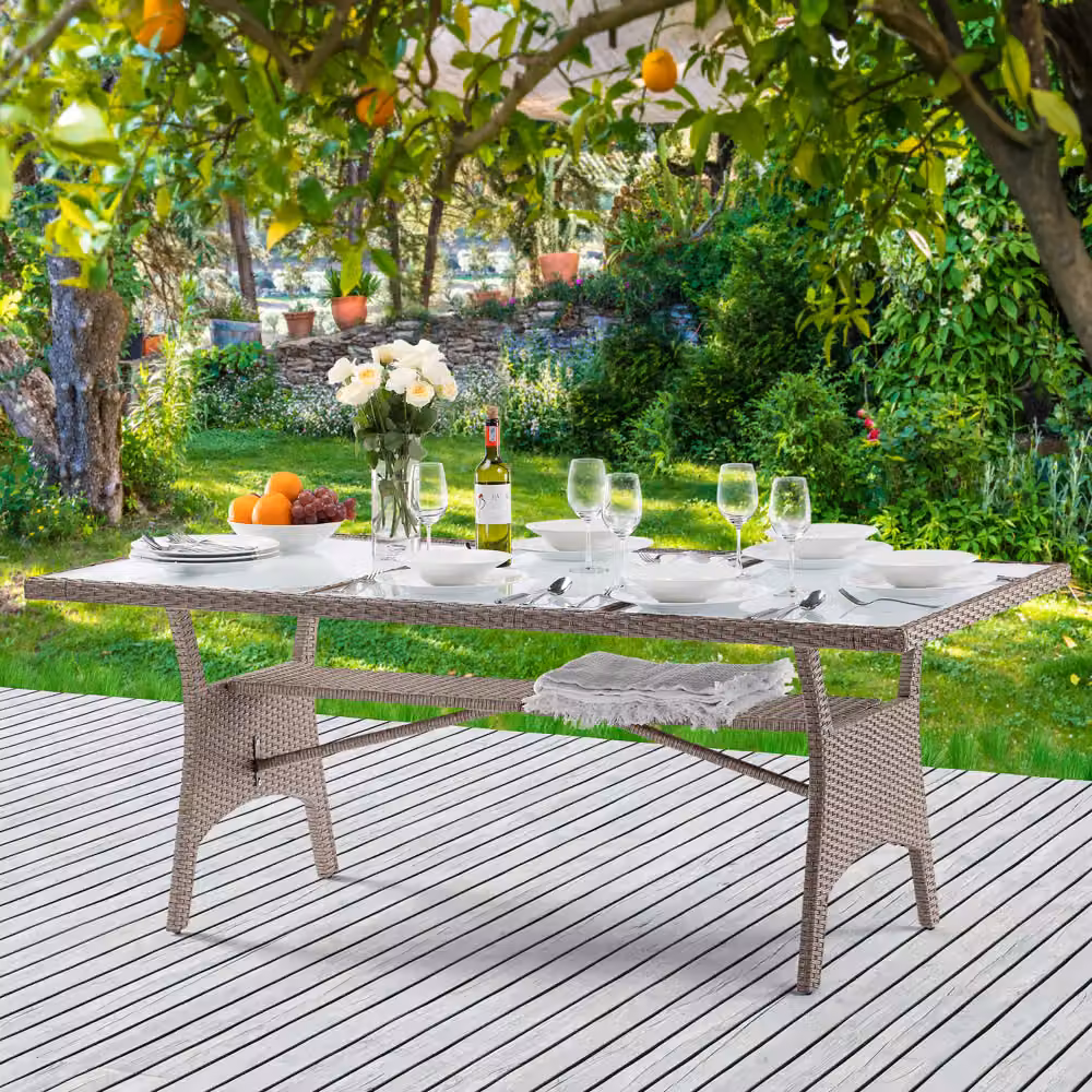 Tavolo da giardino rettangolare CASARIA in polyrattan beige con piano in vetro, estensibile, L: 160 cm, P: 90 cm, H: 74 cm – 2