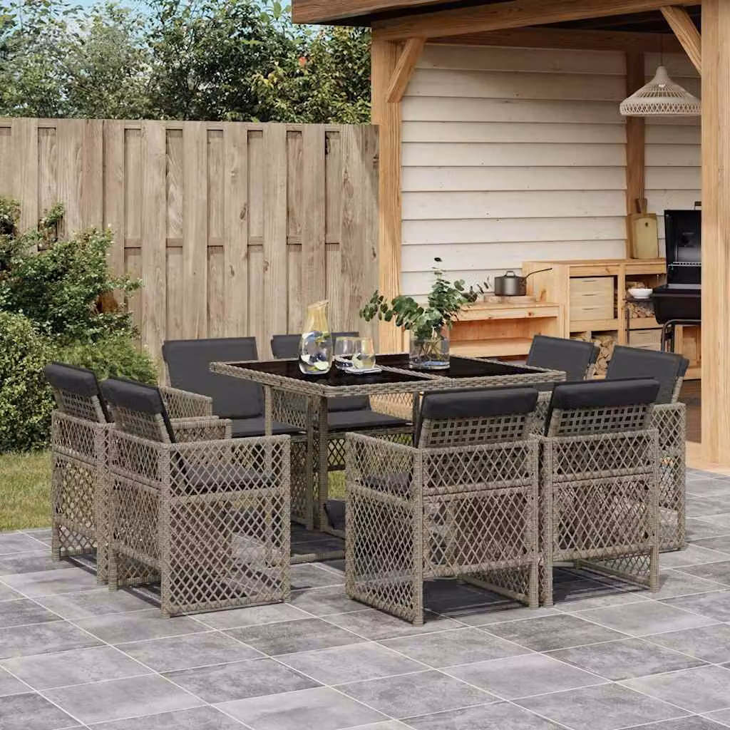 vidaXL Set da Pranzo da Giardino 9 pz in Polyrattan con Piano in Vetro Grigio e Nero – 1