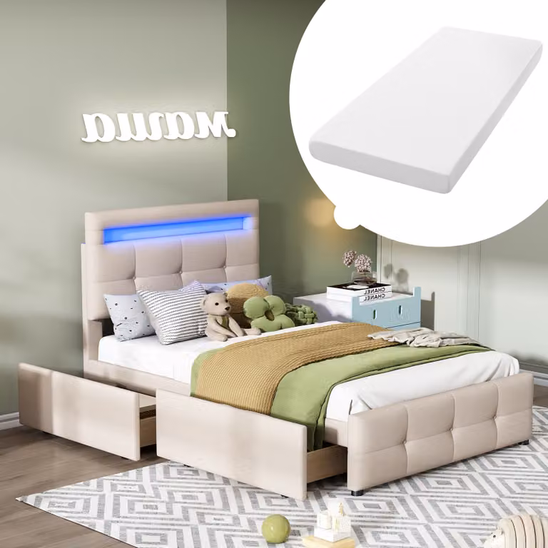 Letto imbottito okwish 90*200 cm con luci LED, 2 cassetti, in lino, adatto come letto singolo, letto per bambini, letto per adolescenti o letto per ospiti, colore beige (con materasso incluso)