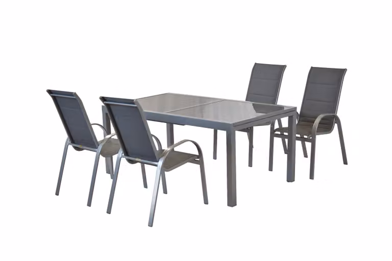 Set di mobili da giardino Merxx Amalfi 5 pezzi, 4 sedie impilabili, tavolo allungabile 140 (200) x 90 cm, grigio