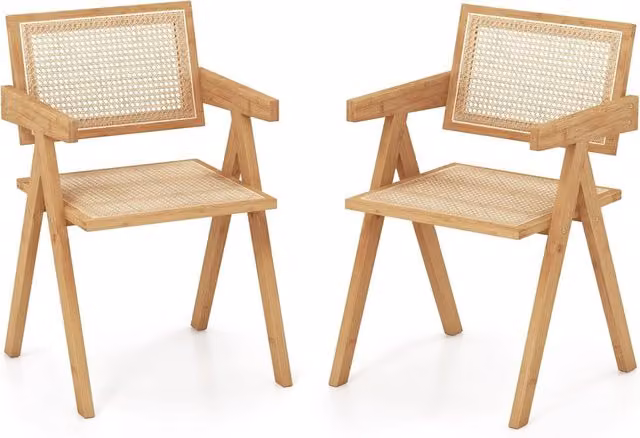 Set di 2 sedie in bambù e rattan marrone COSTWAY con braccioli e schienale ergonomico, L 50 x P 52 x H 81 cm