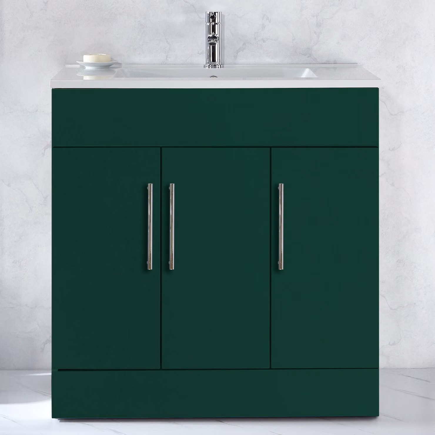 Mobile Bagno a Terra Verde Scuro da 810mm con Lavabo e Maniglie con Barra a T Cromate - Cluo