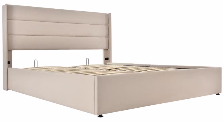 Letto imbottito - Letto matrimoniale con spazio contenitore - 160 x 200 cm - Rivestito in tessuto - Con testiera - Colore beige