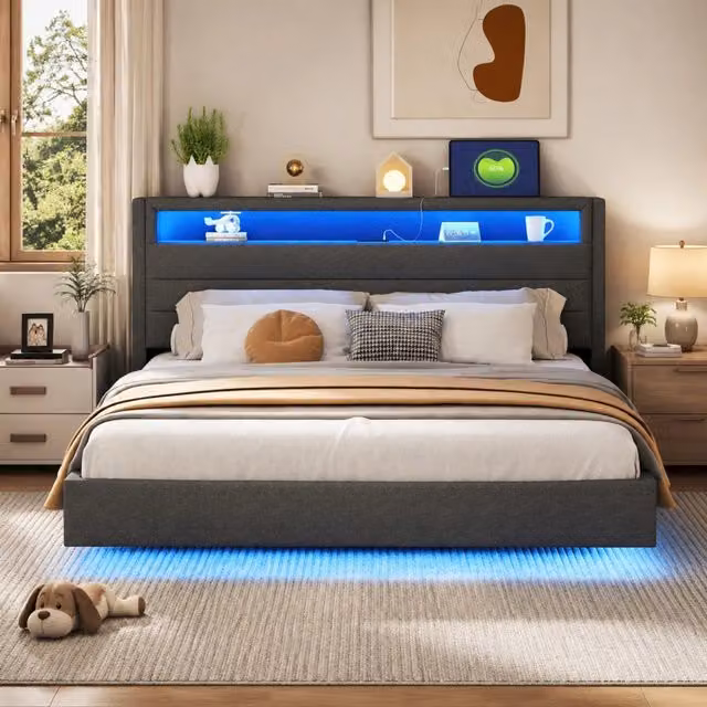 Letto matrimoniale imbottito 160 × 200 cm con rete a doghe USB luci LED testiera girevole in tessuto grigio