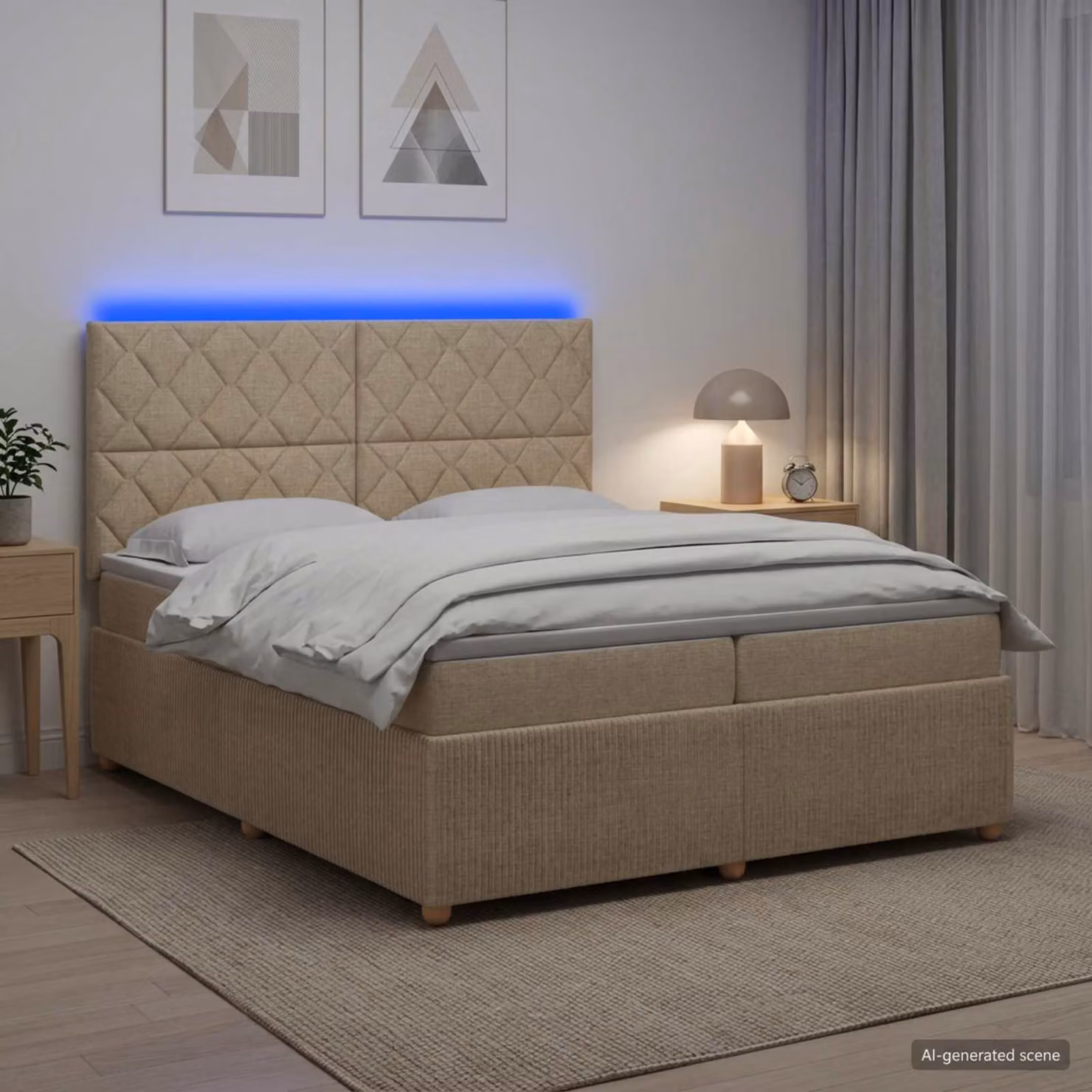 Letto Box Spring vidaXL con Materasso Ibrido e Illuminazione LED, Colore Beige e Bianco, L/P: 200 x 200 cm
