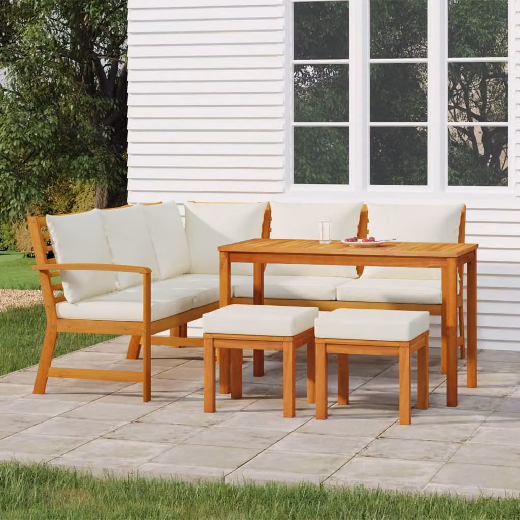 Set da pranzo da giardino vidaXL in legno di acacia con 6 cuscini, colore marrone e bianco