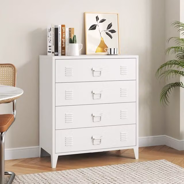 Cassettiera Hämeenlinna en.casa in acciaio con 4 cassetti, colore bianco, L: 92 cm, H: 80 cm, P: 40 cm