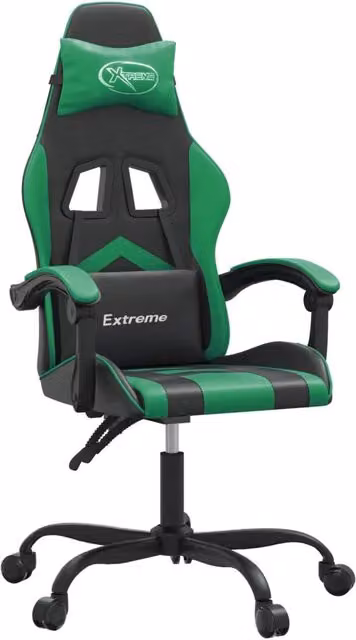 Sedia da Gaming Sportiva Nera e Verde in Similpelle con Poggiatesta e Ruote