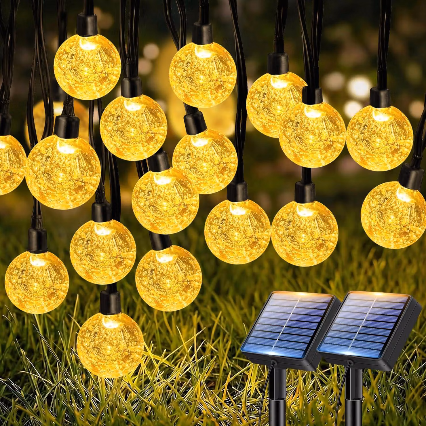 Catena luminosa con sfere di cristallo, 10 metri, 30 LED, luce bianco caldo, confezione da 2 pezzi