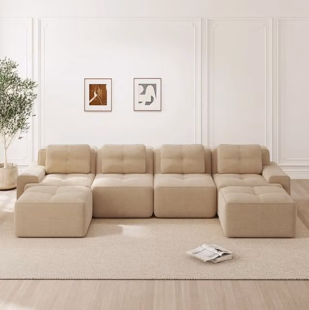 Divano modulare MODFU a 4 posti con chaise longue a U in velluto a coste beige L: 382 cm, P: 177 cm, H: 69 cm