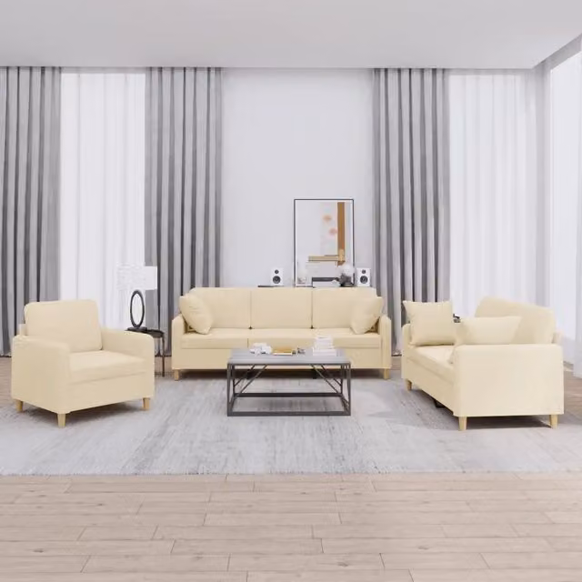 Set di Divani 3 Pezzi vidaXL in Tessuto Beige con Cuscini per Soggiorno Moderno – 1