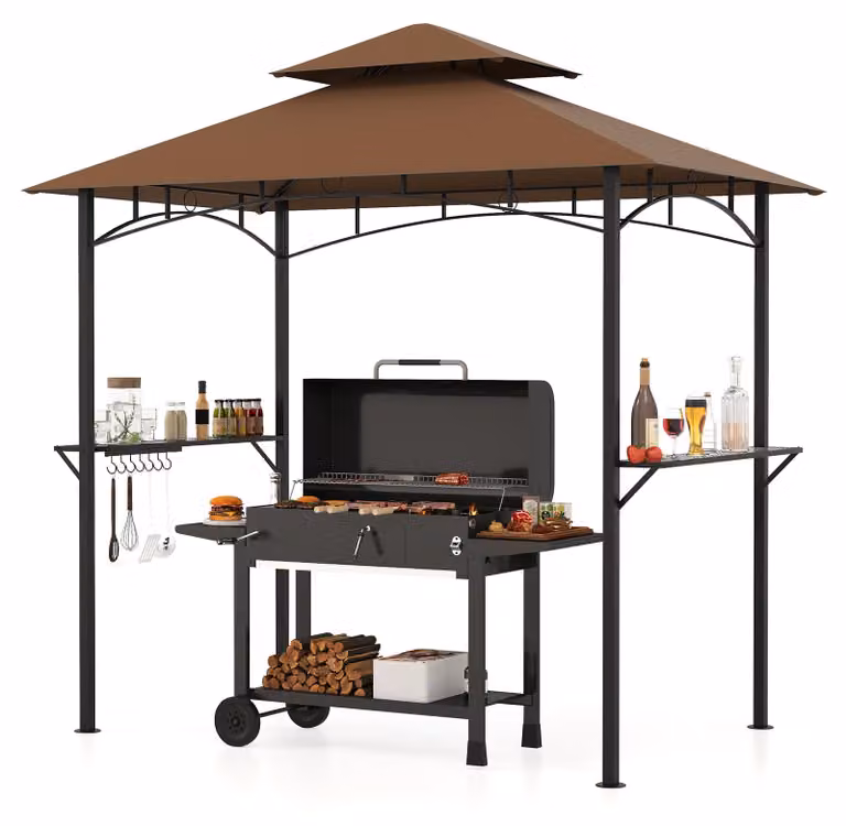 COSTWAY Gazebo per barbecue resistente alle intemperie, copertura per barbecue con doppio tetto, ripiani laterali e 7 ganci, riparo per barbecue Gazebo con telaio in metallo, 240x151x255 cm Marrone