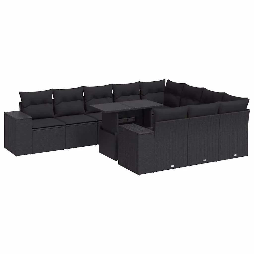 Set di Divani da Giardino a Forma di U vidaXL con 11 Pezzi, Cuscini e Tavolino, Colore Nero – 2