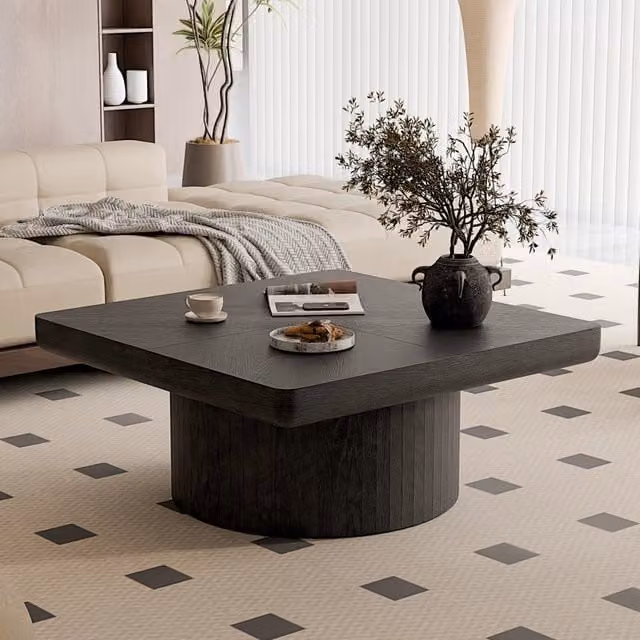 Tavolino basso quadrato con piano effetto parquet e base cilindrica piano spesso nero 86.12 × 85.54 × 18.04 cm