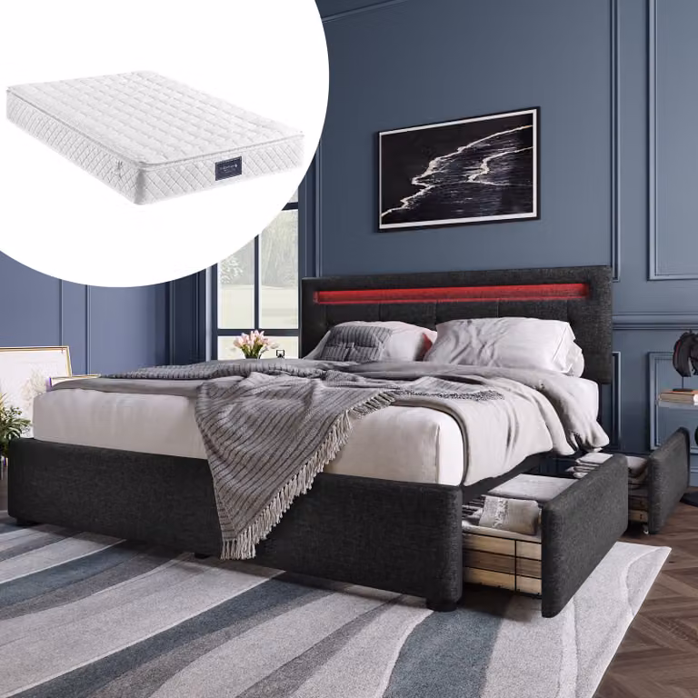 Flieks Letto imbottito 140x200 cm con materasso e boxspring a led Letto matrimoniale con 4 cassetti, testata regolabile in altezza