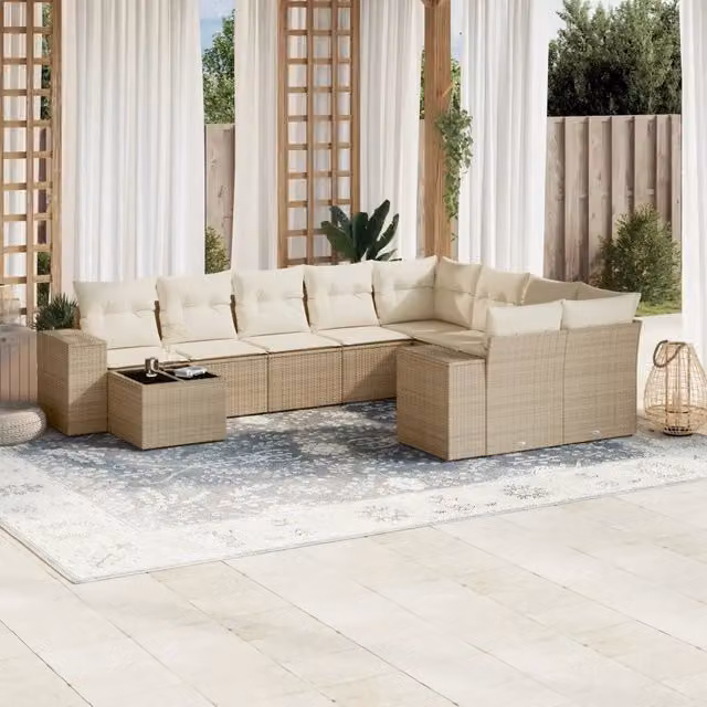 Set Divano da Giardino vidaXL in Polyrattan con Cuscini Beige e Tavolino da Esterno 10 Pezzi
