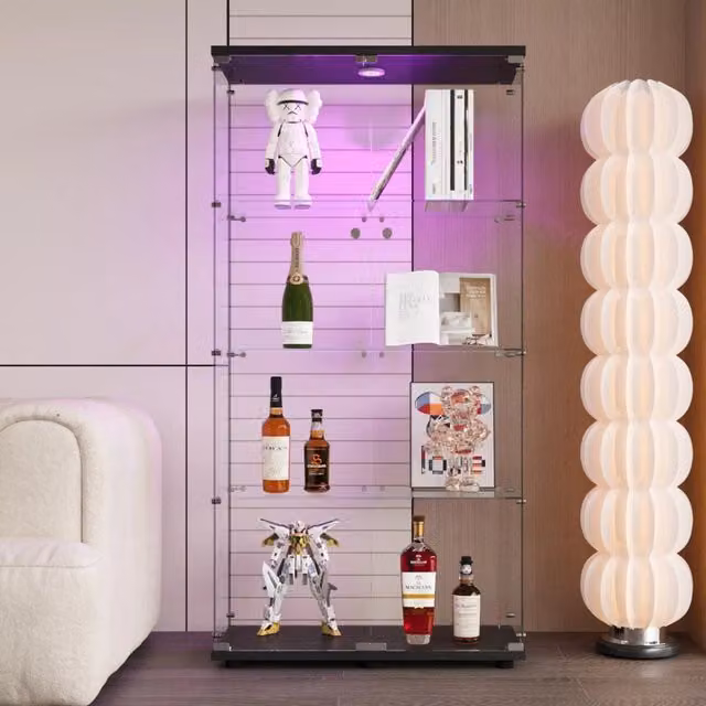 Vetrina in Vetro con LED e Serratura; Libreria a 4 Ripiani in Vetro Temperato per Soggiorno e Camera da Letto; 80;49x36;49x163;9 cm; Nero