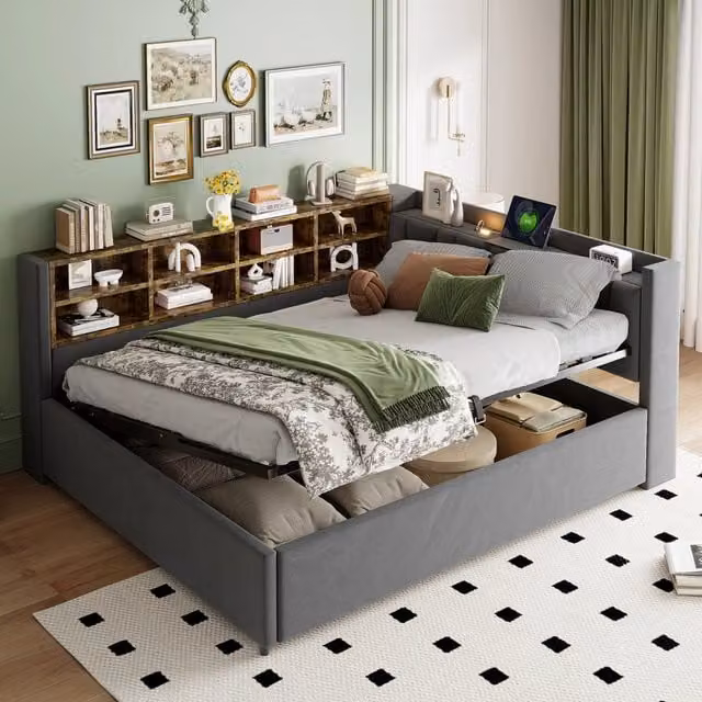 Divano letto imbottito 140x200 cm con contenitore idraulico, luce notturna e prese USB/Type-C, velluto, grigio scuro