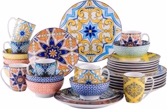 Servizio da Tavola a Motivi Geometrici Colorati - 32 Pezzi - Per 8 Persone - Design Unico