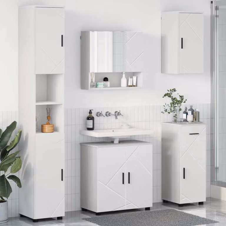 Set di mobili per il bagno moderno vidaXL composto da mobile lavabo, armadietto con specchio e colonna, Bianco o Nero, L/P/H: 61 x 35 x 64 cm