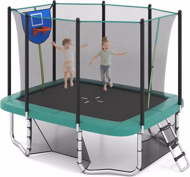 Trampolino rettangolare per esterno per bambini con canestro da basket e porta da calcio, scala antiscivolo e rete di sicurezza, colore verde – 1