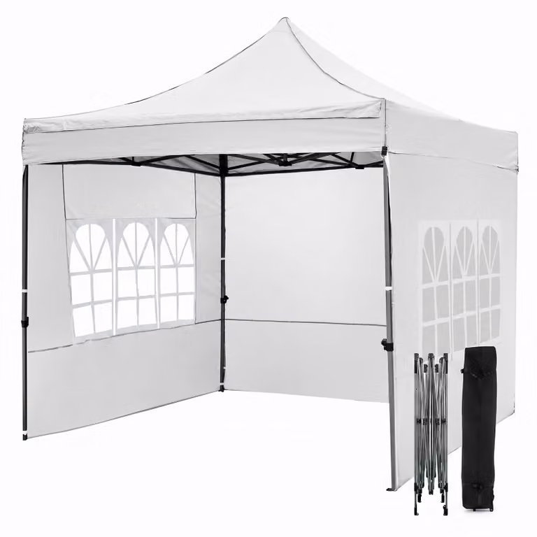 Gazebo da esterno pieghevole Costway bianco con pareti rimovibili, sacchi di sabbia e borsa, regolabile in altezza, L 300 x P 300 cm