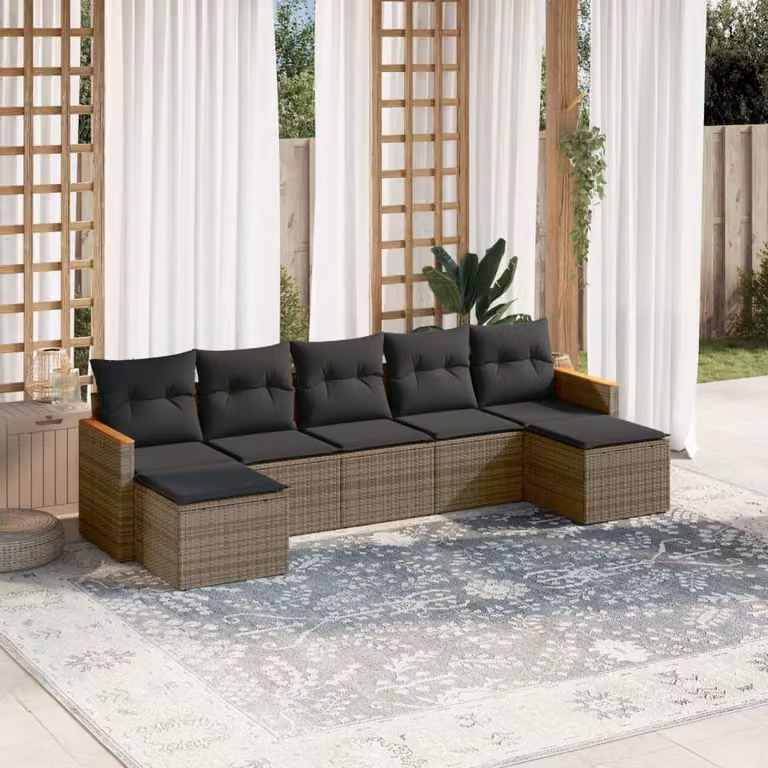 vidaXL Set Divani da Giardino 7 pz in Polyrattan Grigio con Cuscini e Ottoman