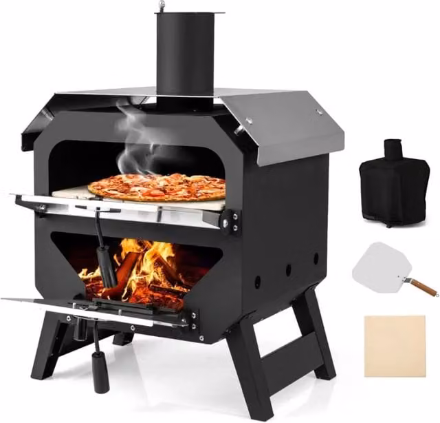 Forno per pizza portatile da esterno 45 x 43 x 61 cm con funzionale copertura impermeabile design in acciaio inox nero 20_0012130