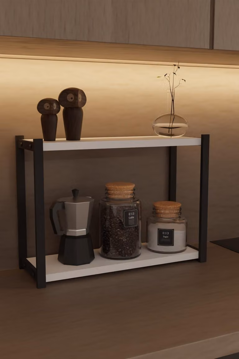 Organizzatore salvaspazio per la cucina con 2 ripiani - Scaffale in legno bianco e metallo