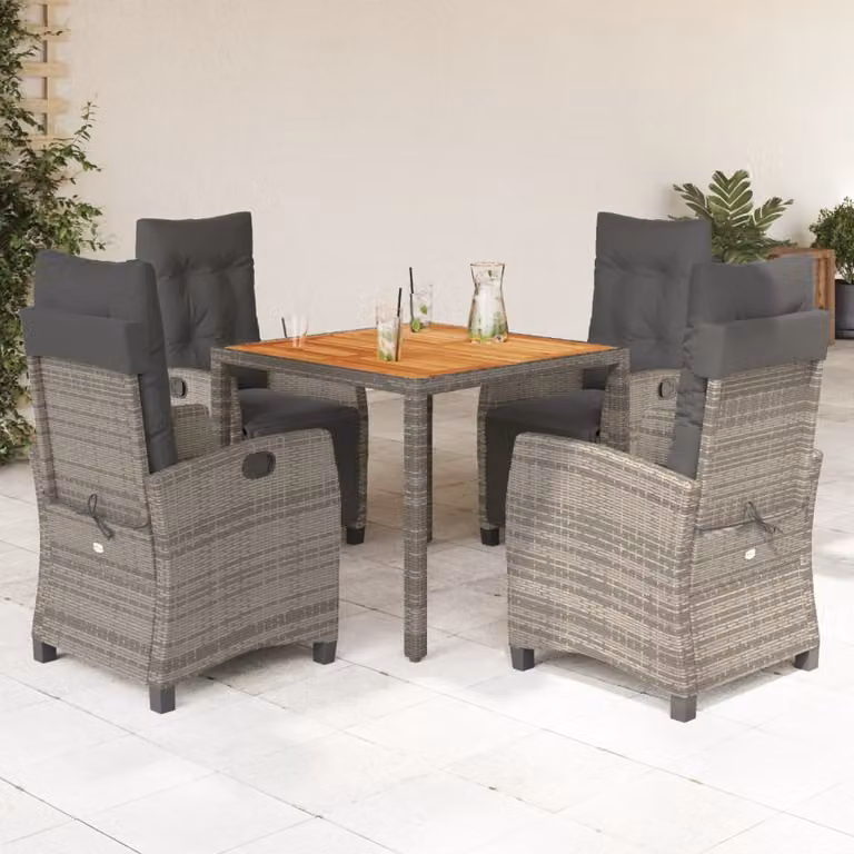 Set da Pranzo da Giardino vidaXL in Polyrattan e Legno di Acacia Grigio con 5 Pezzi e Cuscini