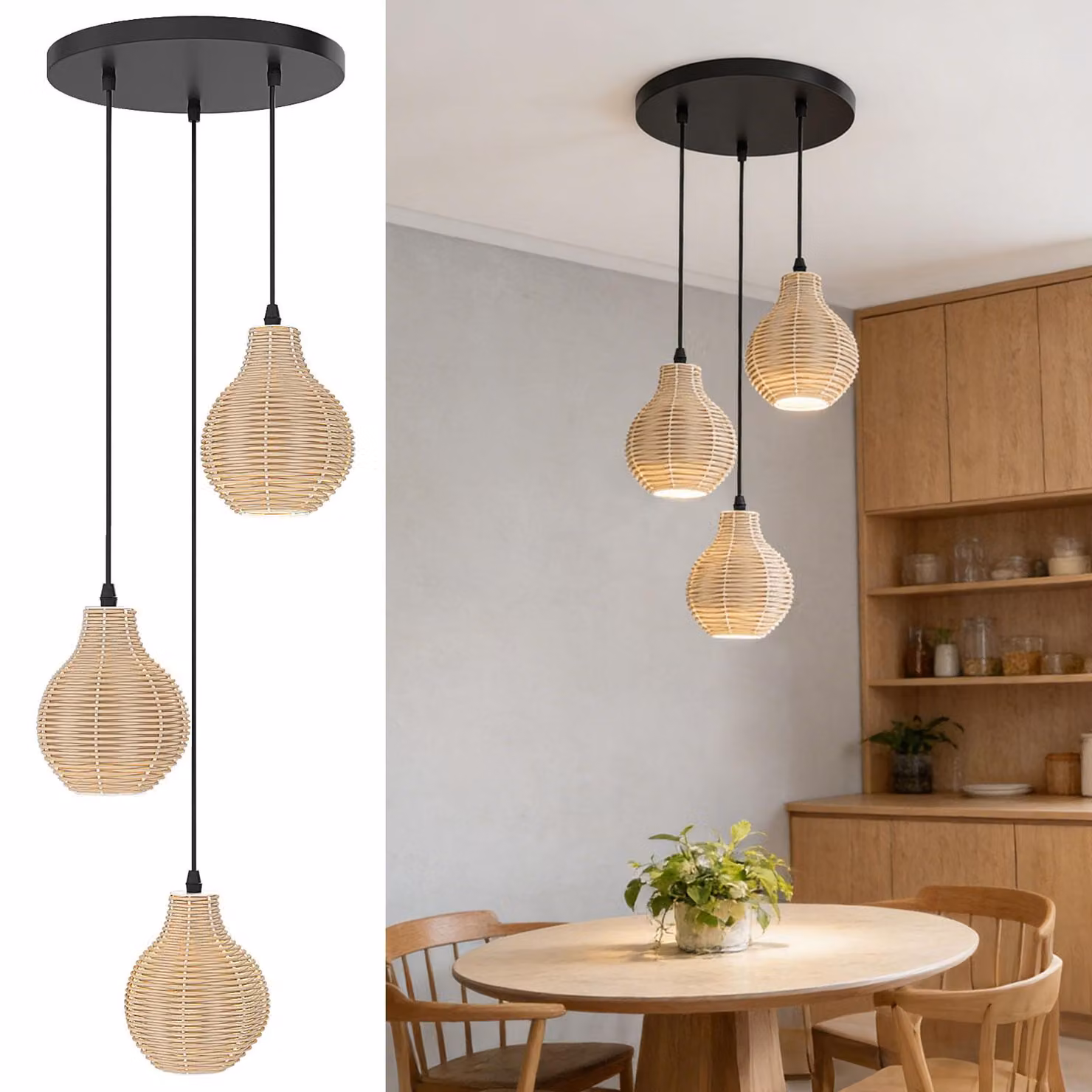 COSTWAY Lampada a sospensione a 3 luci, lampada a sospensione in rattan boho sul tavolo da pranzo, lampadario in vimini naturale intrecciato a mano con altezza regolabile