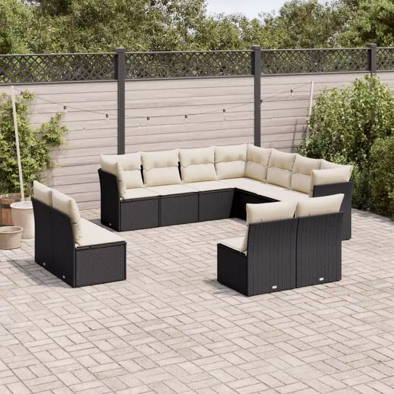Set di divani da giardino vidaXL 11 pz in polyrattan nero con cuscini e struttura in metallo a forma di L