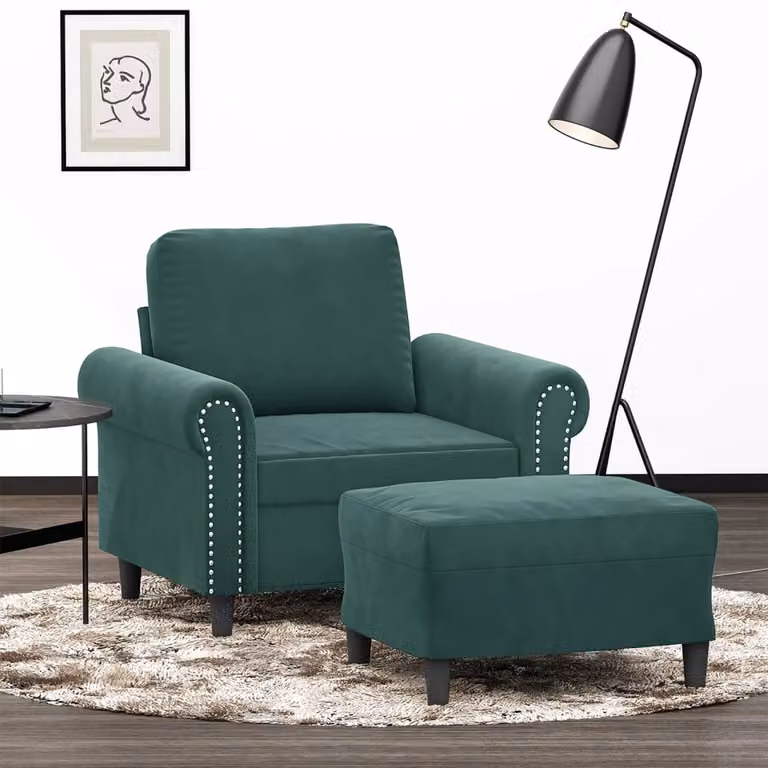 Poltroncina con Poggiapiedi vidaXL in Velluto Verde con Struttura in Metallo e MDF per Soggiorno