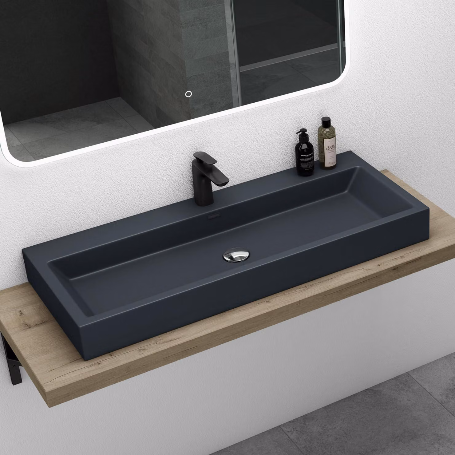 Lavabo da 100 cm, in resina minerale, finitura opaca antracite, con 1 foro per il rubinetto