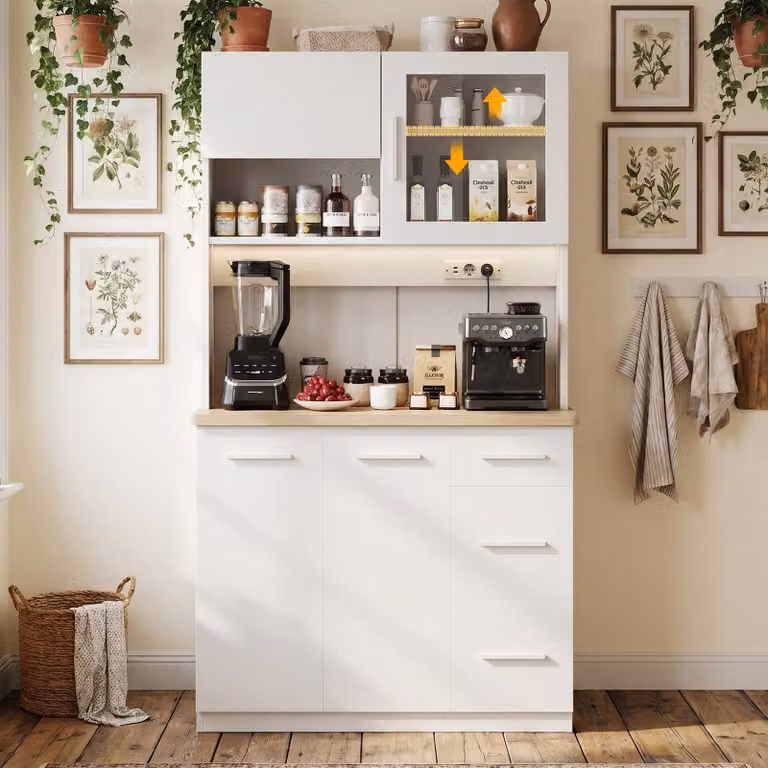 JUMMICO, mobiletto buffet, dimensioni 100 x 40 x 182 (altezza) cm, mobile da cucina con 2 prese di corrente e