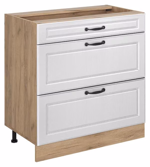 Mobiletto base per cucina Vicco R-Line Bianco country/Rovere dorato 80 cm con 3 cassetti senza piano di lavoro, Model 72443