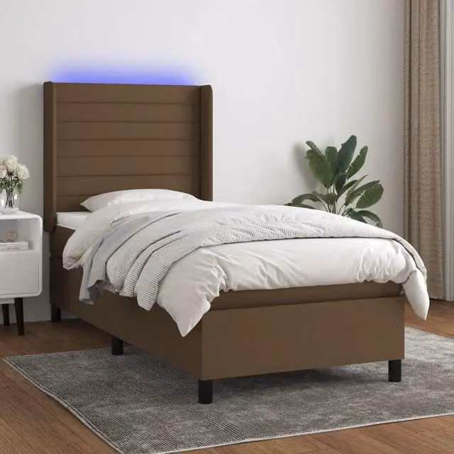 Letto moderno vidaXL con materasso a molle, illuminazione LED sottostante e porta USB, rivestimento in tessuto marrone scuro, L/P/H: 90 x 190 cm
