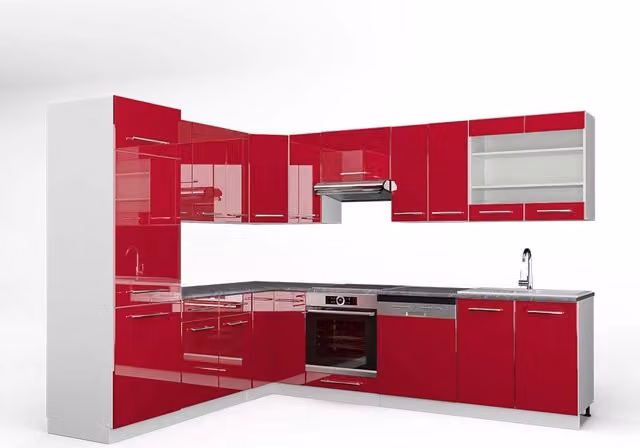 Cucina angolare moderna Vicco Fame-Line Bordeaux lucido e Bianco con piano Antracite, L: 287 cm, P: 60 cm, H: 206,8 cm – 1