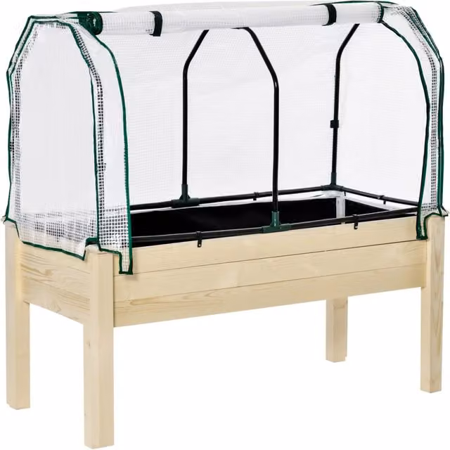 Letto rialzato da giardino con copertura XYLO in legno naturale, marrone e multicolore, L: 121 cm, P: 55 cm, H: 117 cm