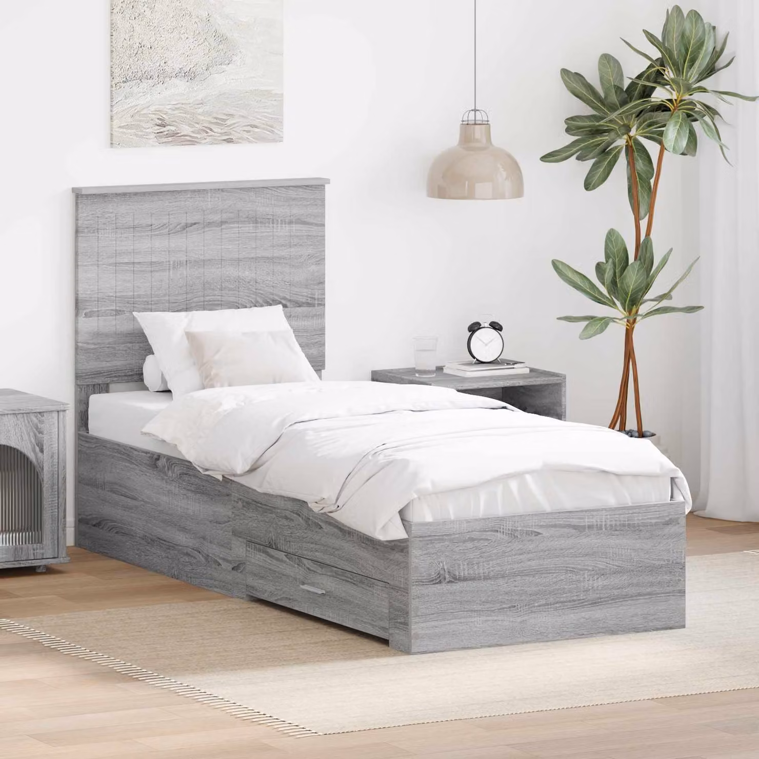 Struttura del letto moderna vidaXL con cassetti in legno ingegnerizzato, Grigio Sonoma e Argento, 70 x 190 cm