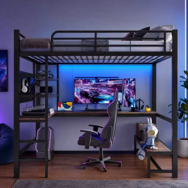 Letto a soppalco 90x200 cm nero con scrivania, LED, USB/Type-C e ripiani