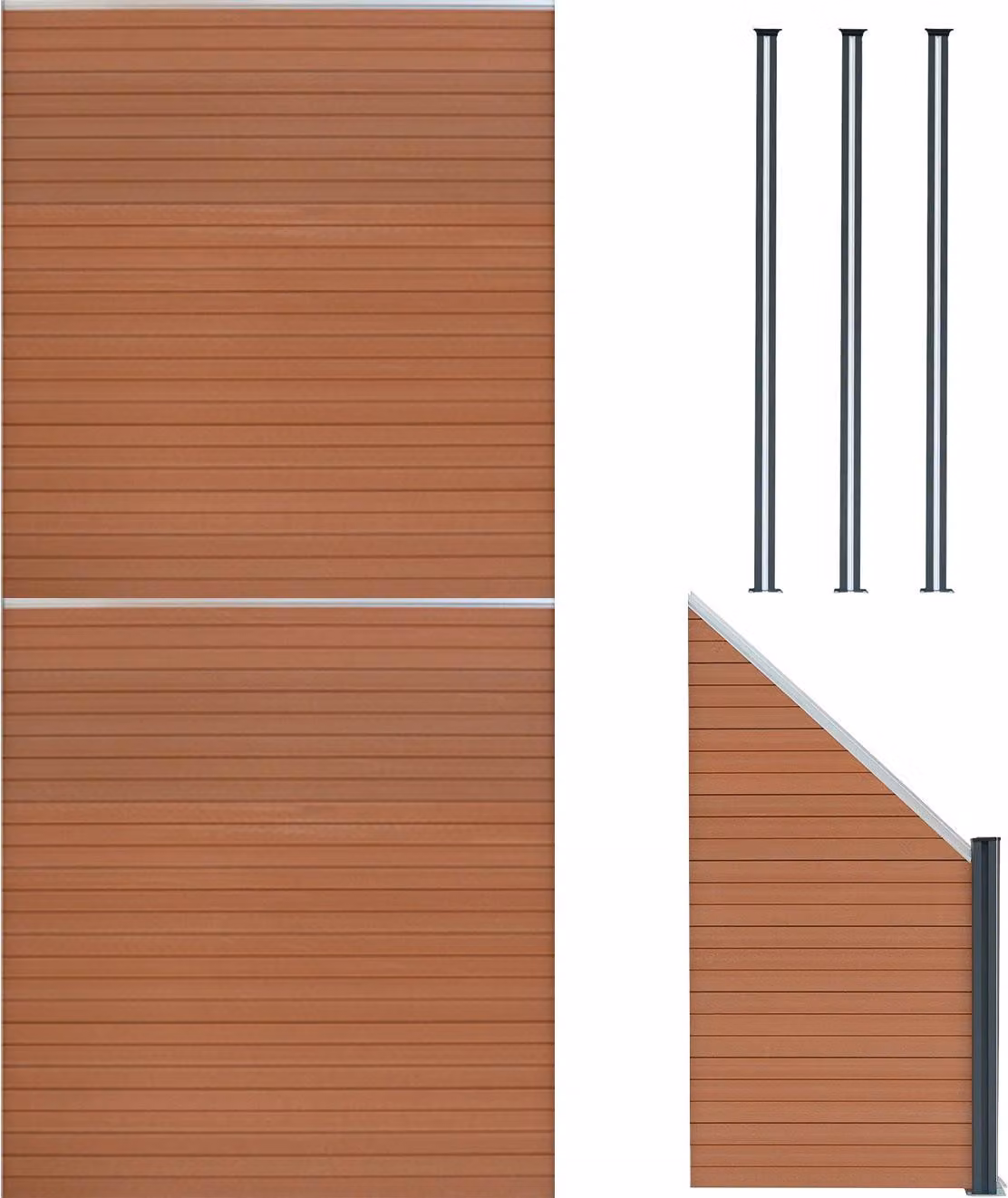 Pannelli divisori in legno composito (WPC), 2 pezzi; elemento angolare, 1 pezzo; pali per recinzione con illuminazione a LED, 3 pezzi - colore marrone